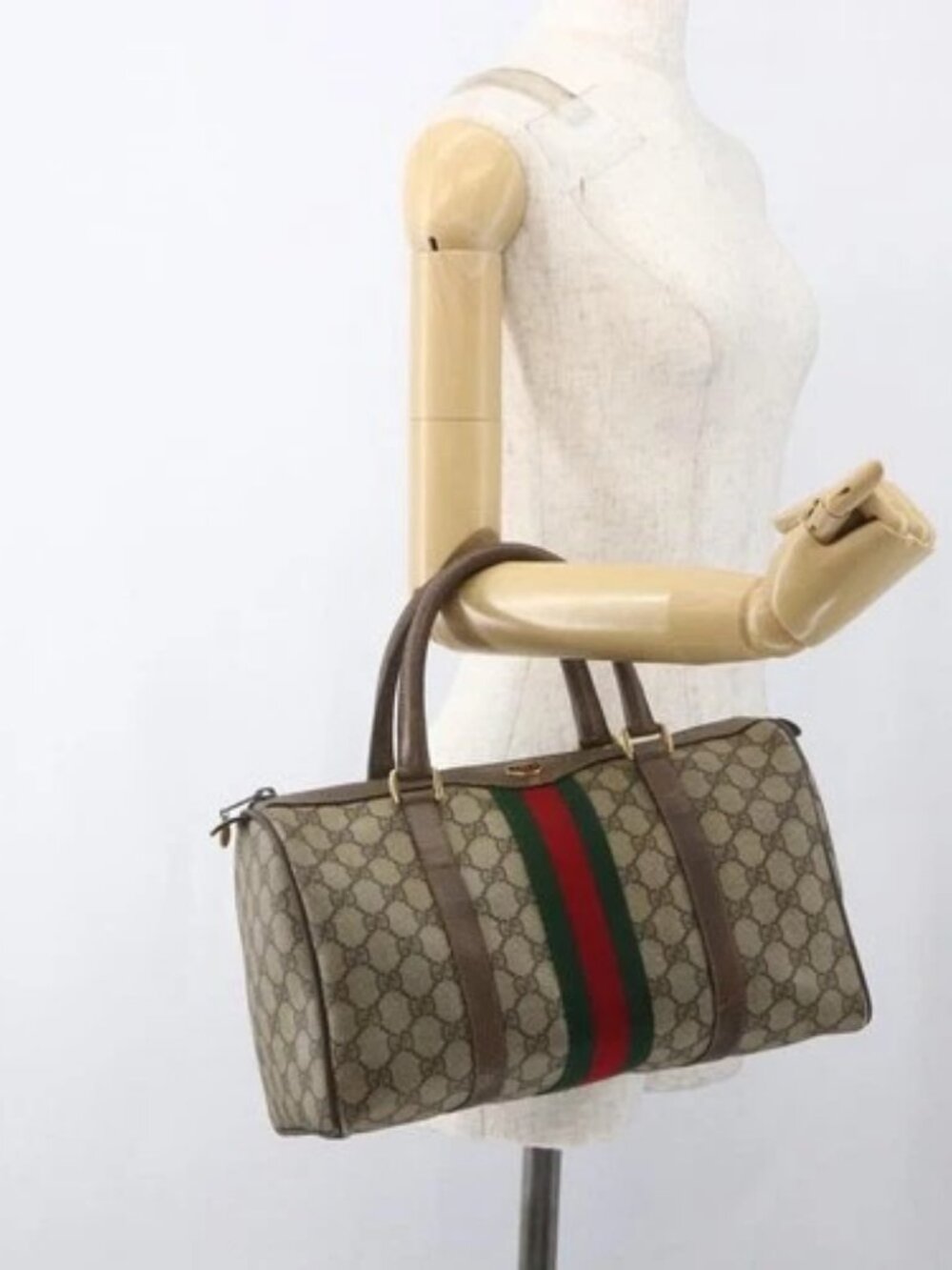 GUCCI GG Supreme Web Sherry Line Boston Bag PVC Beige Gold 39 02 007 Auth 165215 - Picture 14 of 16